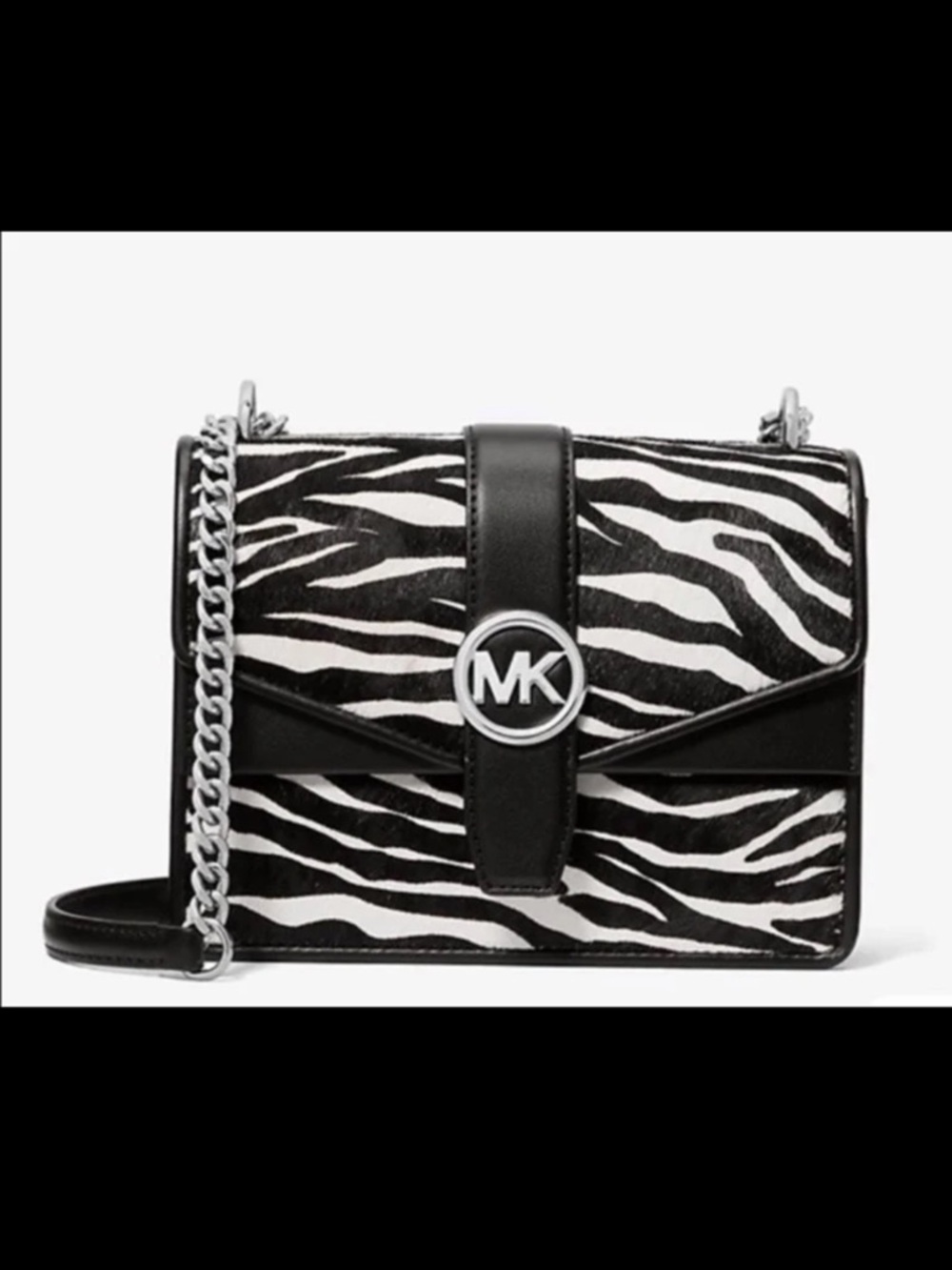 Michael Kors Zebra Calf Hair Leather Crossbody Bag Black White w/ Chain Strap MK